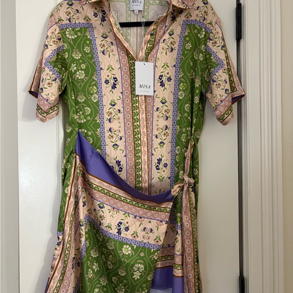 Misa Los Angeles Green Pink Purple Patchwork Mini Dress